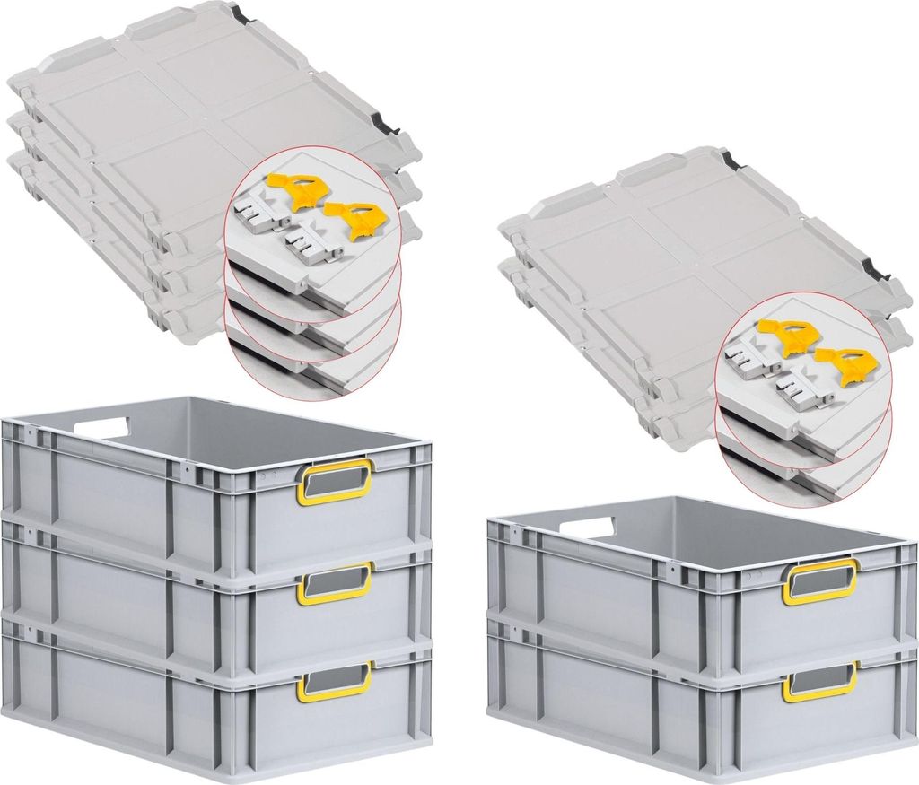 SuperSparSet 5x Eurobox NextGen Color mit Scharnierdeckel und Schiebeschnappverschlüssen | HxBxT 17x40x60cm | 34 Liter | Griffe gelb offen | Glatt...