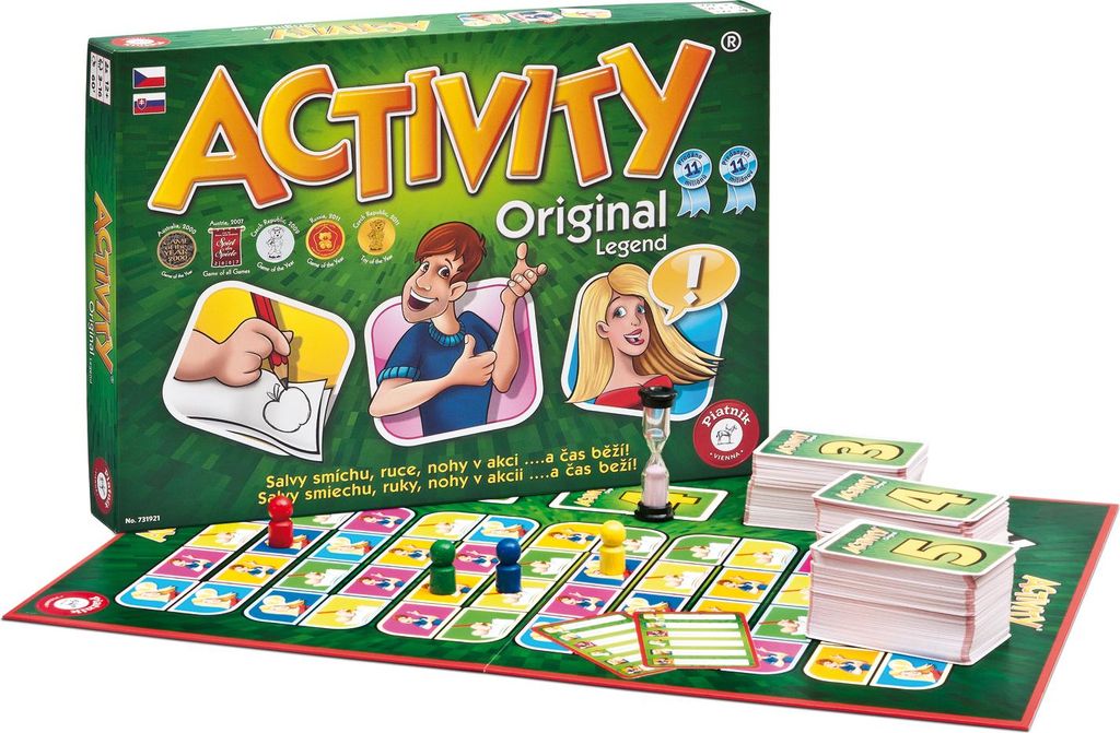 A board game box and game board are displayed, with game pieces and cards laid out on the board.