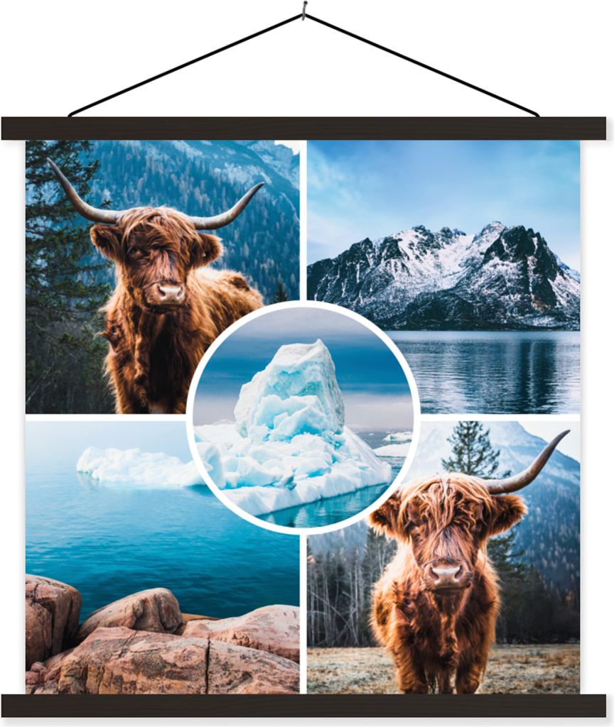 MuchoWow Textilposter Schottisches Hochlandrind - Collage - Eis - Berg 90x90 cm mit schwarzem Rahmen - Magnetisches