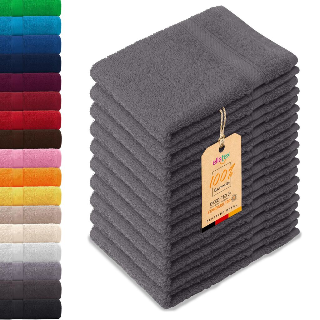 10er Pack EllaTex Gästehandtücher 30x50 cm 100% Baumwolle, 500 g/m² Handtücher Set weich saugstark Serie Paris, in Farbe: Smoky Grau