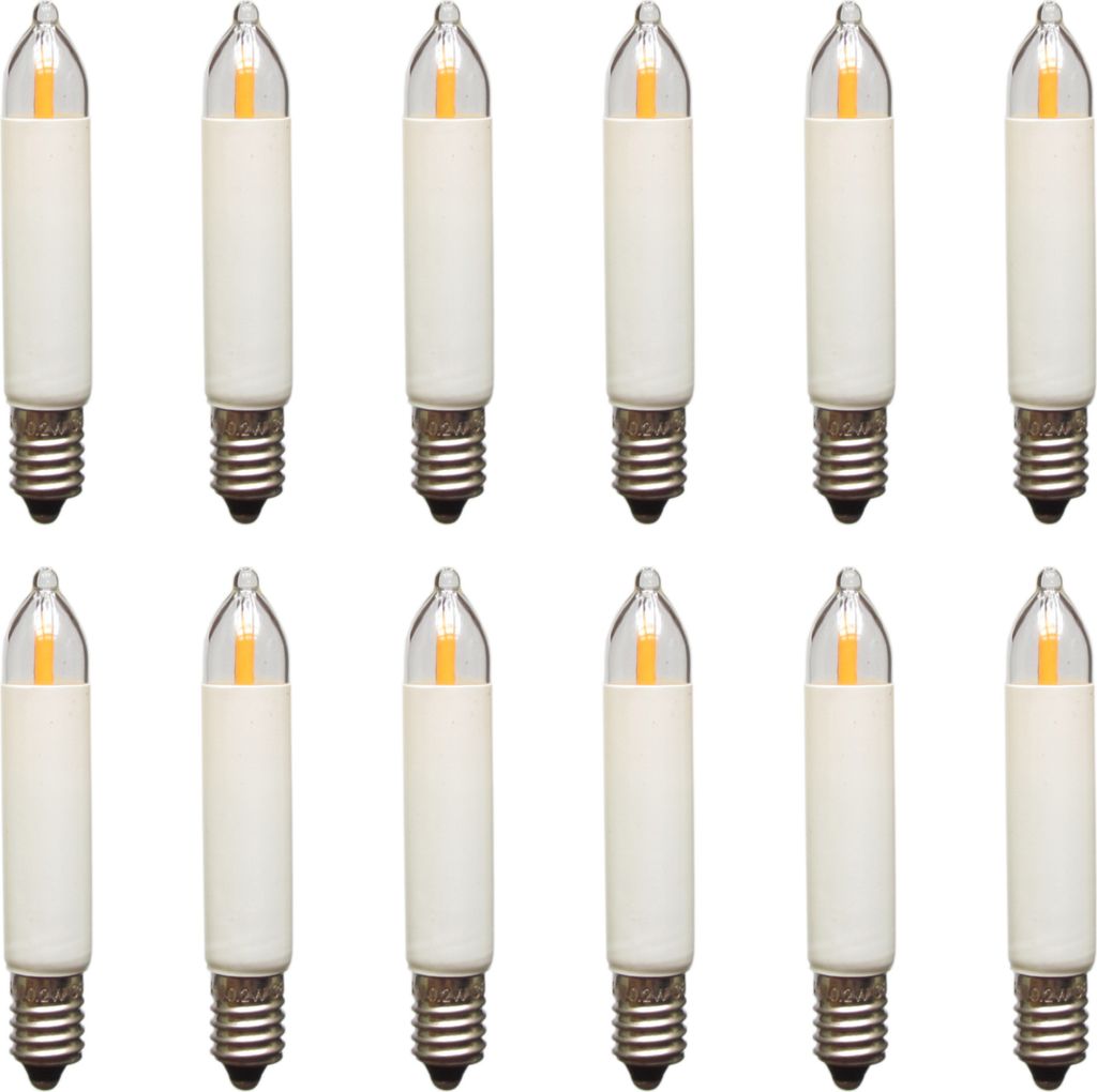 A grid of 12 LED filament candle bulbs with E10 bases, arranged in two rows of six.