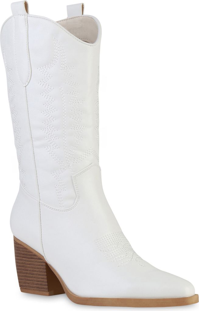 VAN HILL Damen Stiefel Cowboystiefel Stickereien Schuhe 838384, Farbe: Weiß, Größe: 36