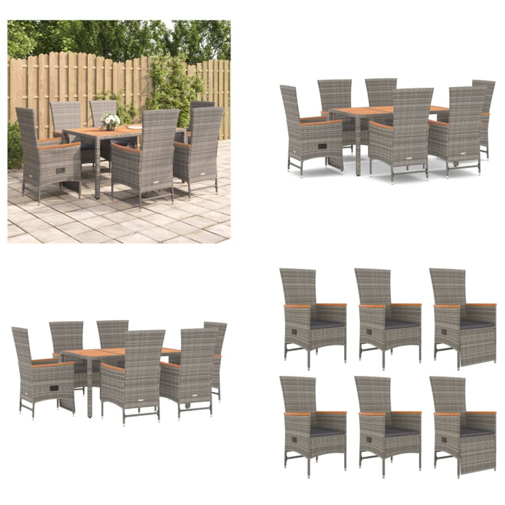 vidaXL 7 tlg. Garten Essgruppe mit Kissen Grau Poly Rattan - Garten Essgruppe - Garten Essgruppen - Essgruppe - Essgruppe Terrasse