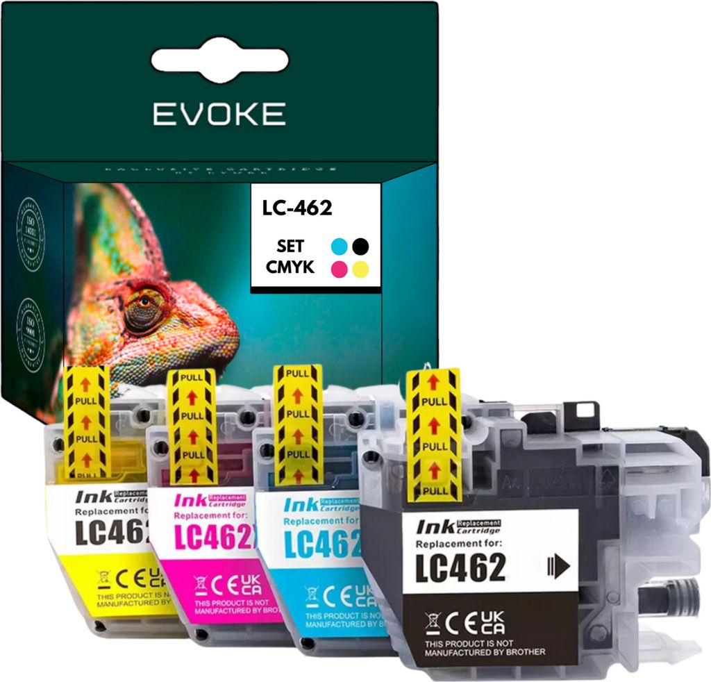 A box of EVOKE LC-462 CMYK ink cartridges with four cartridges displayed in front.