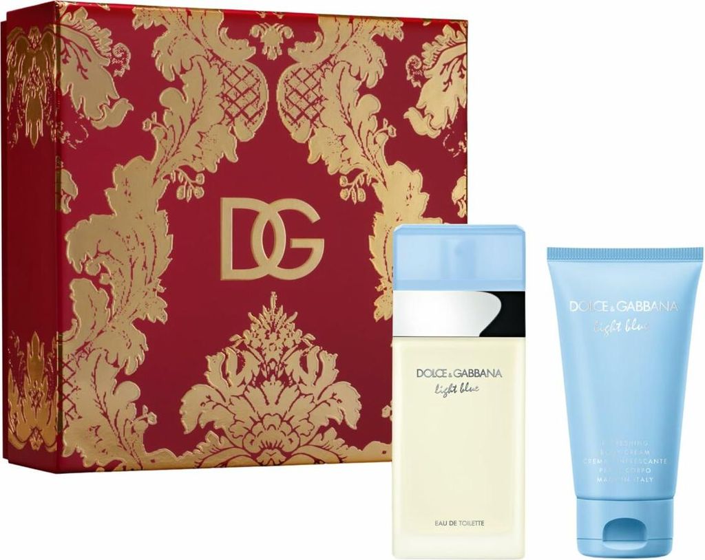 A gift set containing Dolce & Gabbana Light Blue Eau de Toilette and body cream, presented in a decorative box.