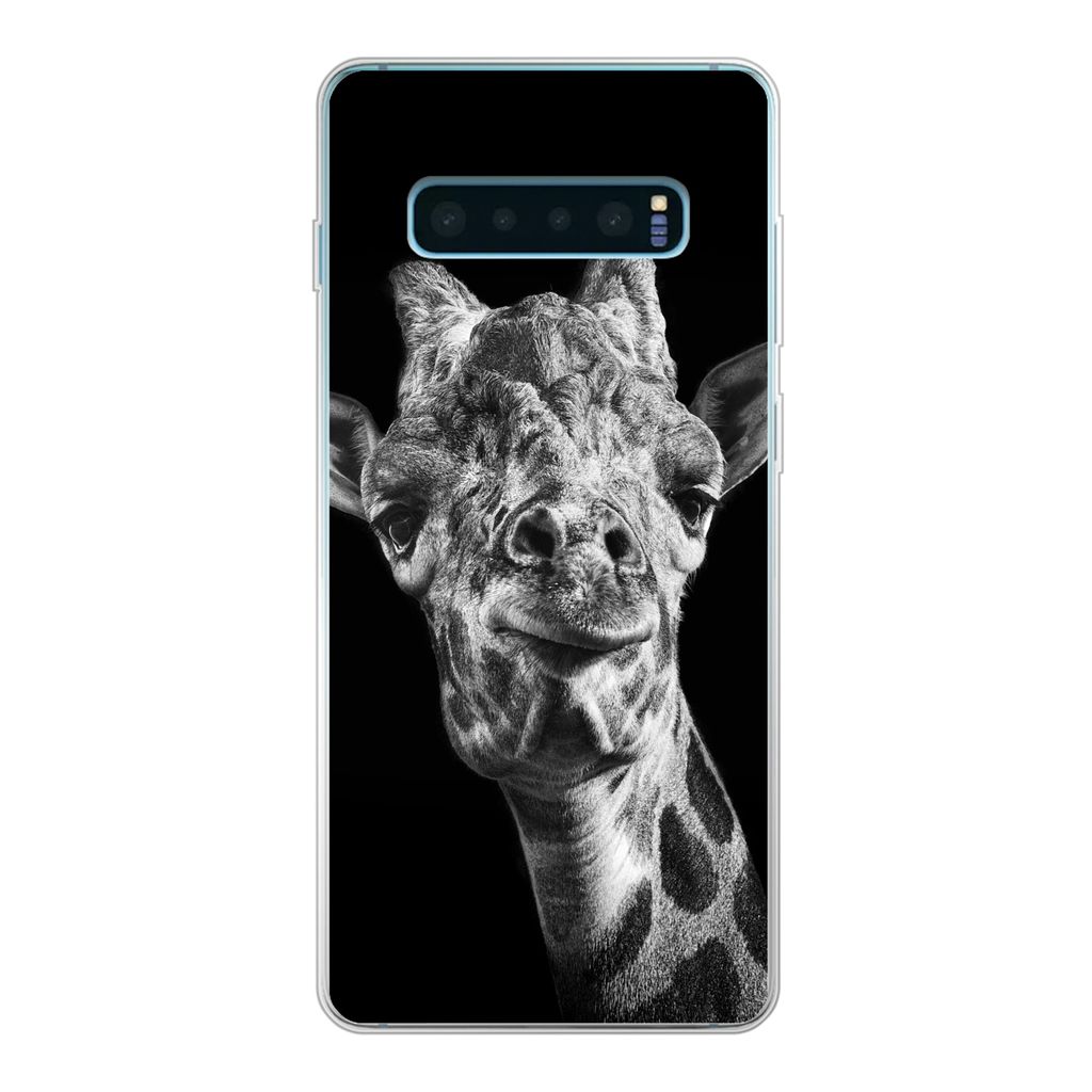 MuchoWow Handyhülle Schutzhülle Hülle für Samsung Galaxy S10 Plus Giraffe vor schwarzem Hintergrund in schwarz und weiß Silikon Softcase Han...
