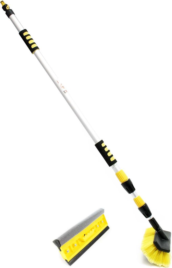 XPOtool 2in1 3D Teleskop Waschbürste mit Schlauchanschluss 145-300cm mit 2 Köpfen Bürste Schwamm Abzieher für Pkw, Lkw, Wohnmobil