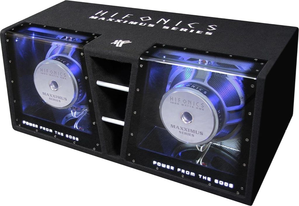 A dual subwoofer enclosure with blue LED lighting.