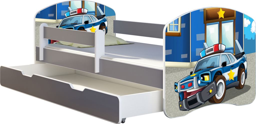 ACMA Jugendbett Kinderbett Junior-Bett Komplett-Set mit Matratze Lattenrost und Rausfallschutz Grau 38 Polizei 160x80 + Bettkasten