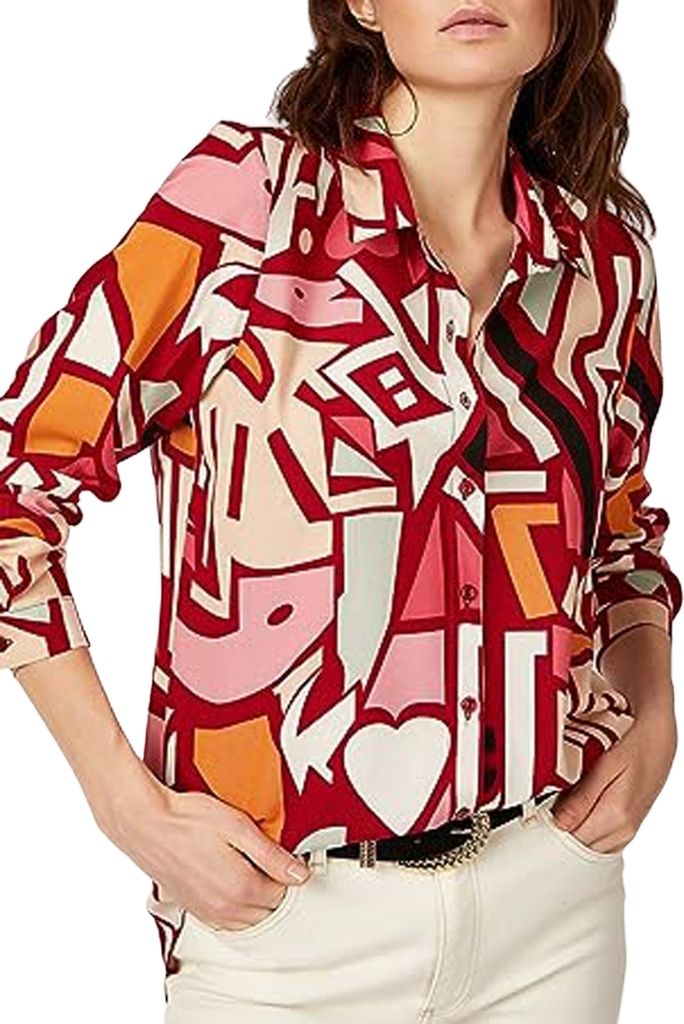 ASKSA Bluse Damen Langarm V-Ausschnitt Streifen Tops Knoepfen Hemden, Rot, XXL