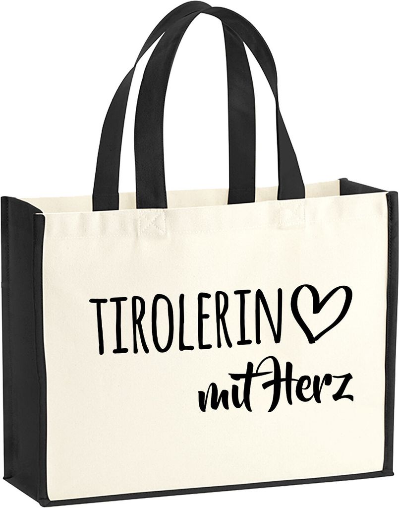Huuraa Jutetasche Tirolerin mit Herz 21 Liter Black Jute und Baumwolle Einkaufstasche Geschenkidee