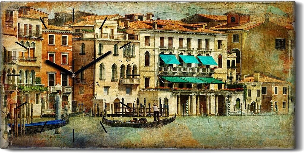 Wandbild Leinwand Bilder mit Uhr Quarz 60x30 Venedig Farbe Italien Stadt Wasser - schwarze Hände