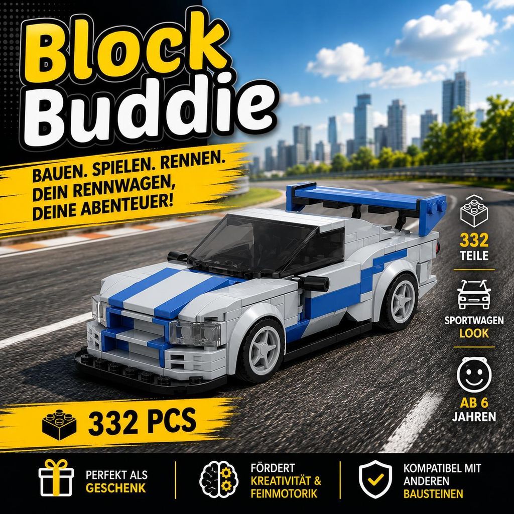 BlockBuddie™ Skyline GTR inspiriertes Klemmbaustein Auto Produktbild 
