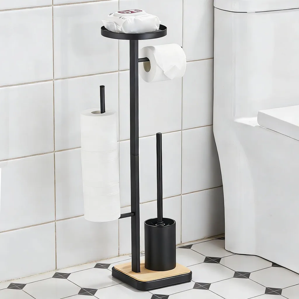 Support papier toilette sans trou bambou avec réserve 4 rouleaux et balai