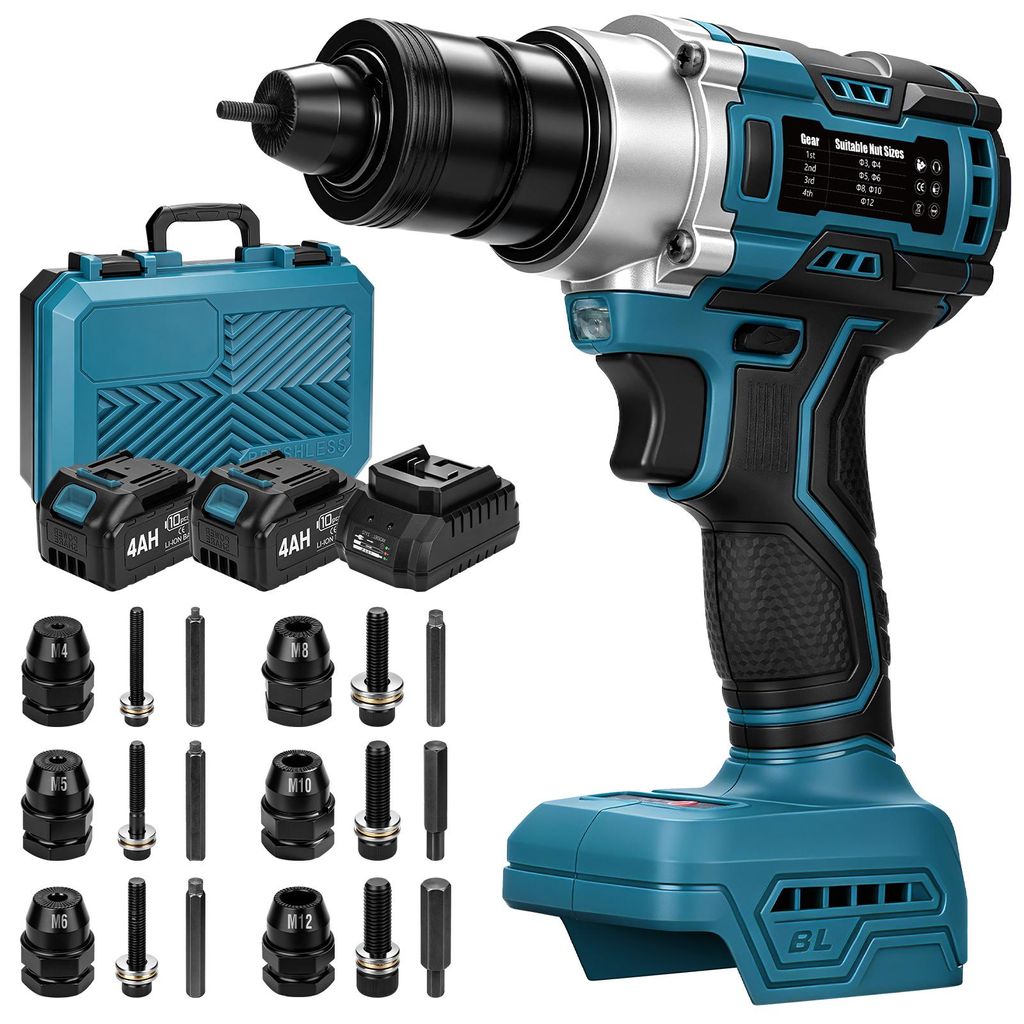 4 Gänge Akku Nietmutternzange mit 2×4Ah & 6 Dornen M4-M12, Produktbild 