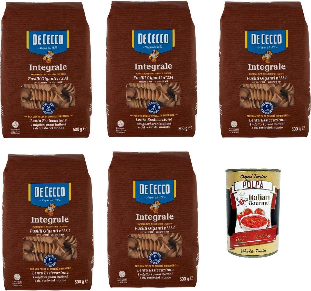 De Cecco Integrale Fusilli Giganti N° 234, Pasta integrale, Vollkornnudeln, 5x 500g + Italian Gourmet polpa 400g