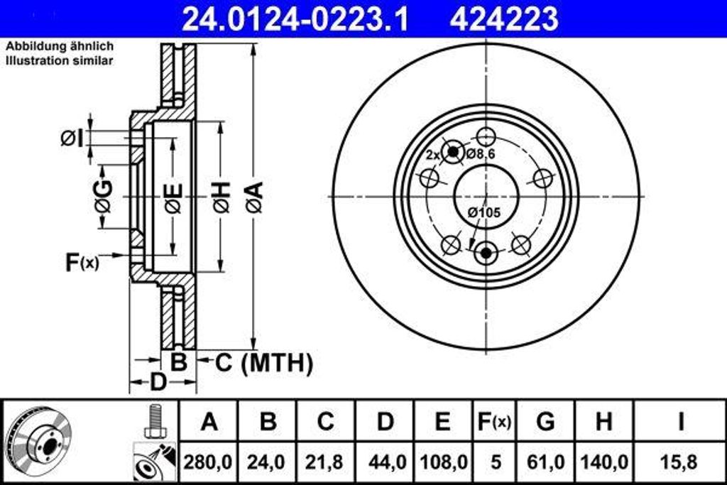ATE 24.0124-0223.1 Bremsscheibe OE 7701208848 kompatibel mit Megane