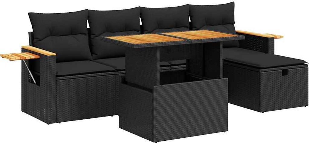 vidaXL 6-tlg. Garten-Sofagarnitur mit Kissen Schwarz Poly Rattan