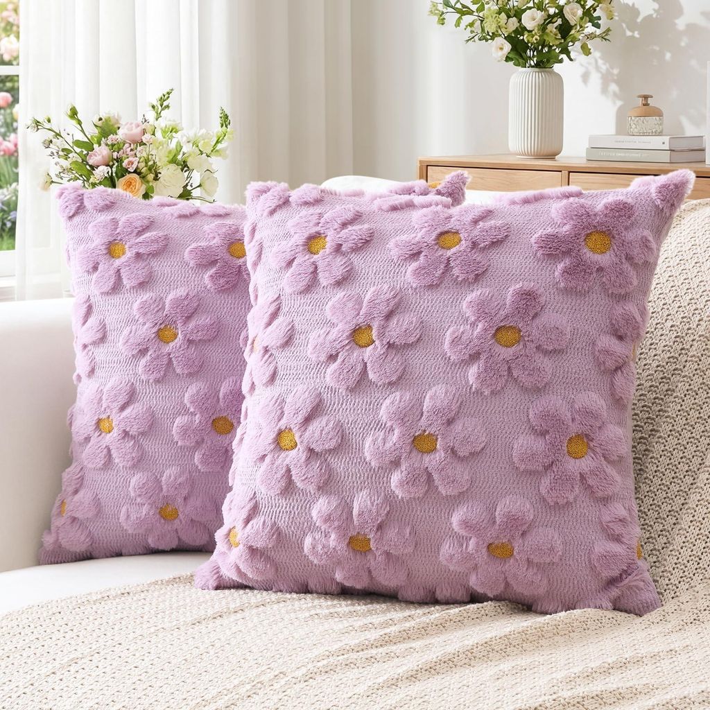 Set mit 2 Kissenbezügen aus Wolle mit Blumenmuster, weiche, kurze Samt-Dekokissenbezüge aus Plüsch, Frühlings-/Sommerkissenbezüge, saisonale S...