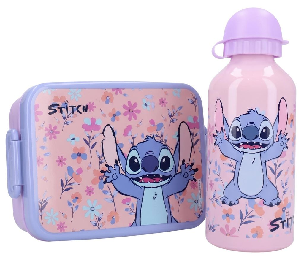 Set Trinkflasche & Brotdose Disney Stitch, Flieder Blumen Produktbild 
