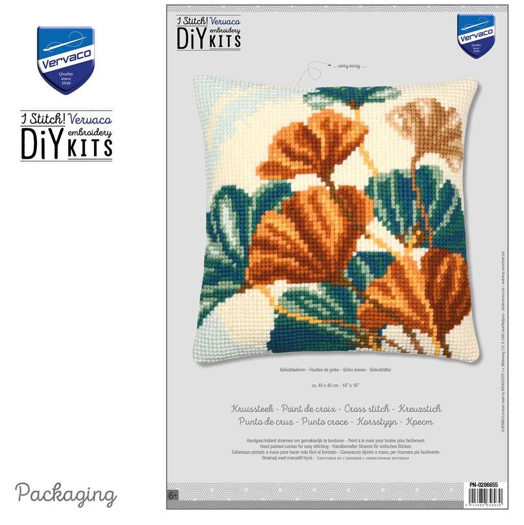 Kreuzstich-Kissen-Set Ginkoblätter - Stickbild vorgezeichnet