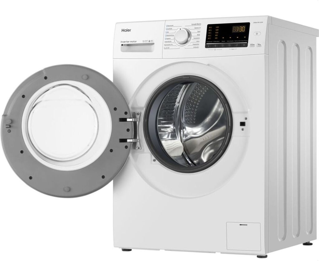A white Haier washing machine with the door open.