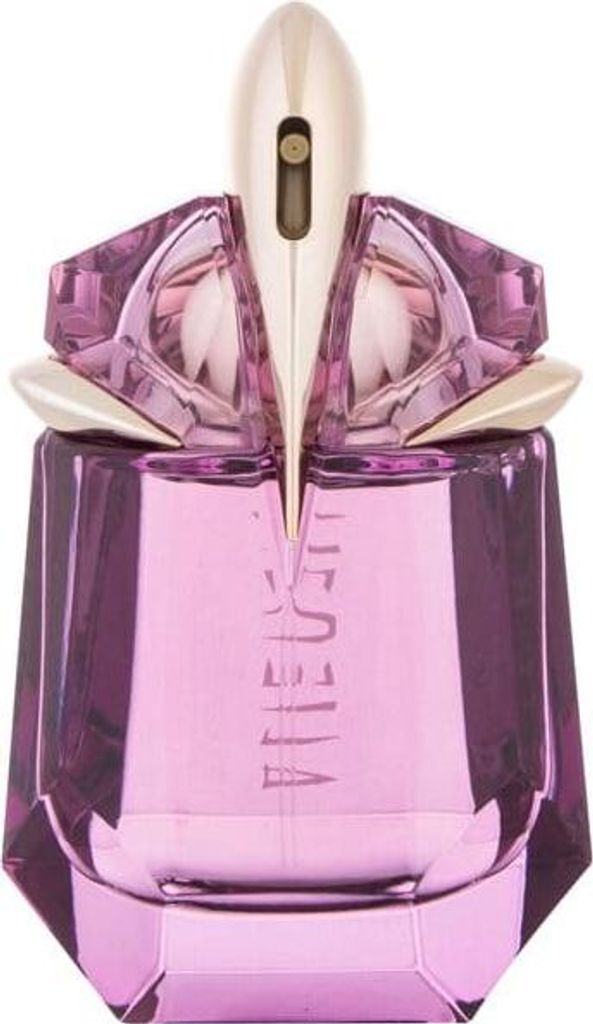 A close-up studio shot of a purple perfume bottle with gold accents.