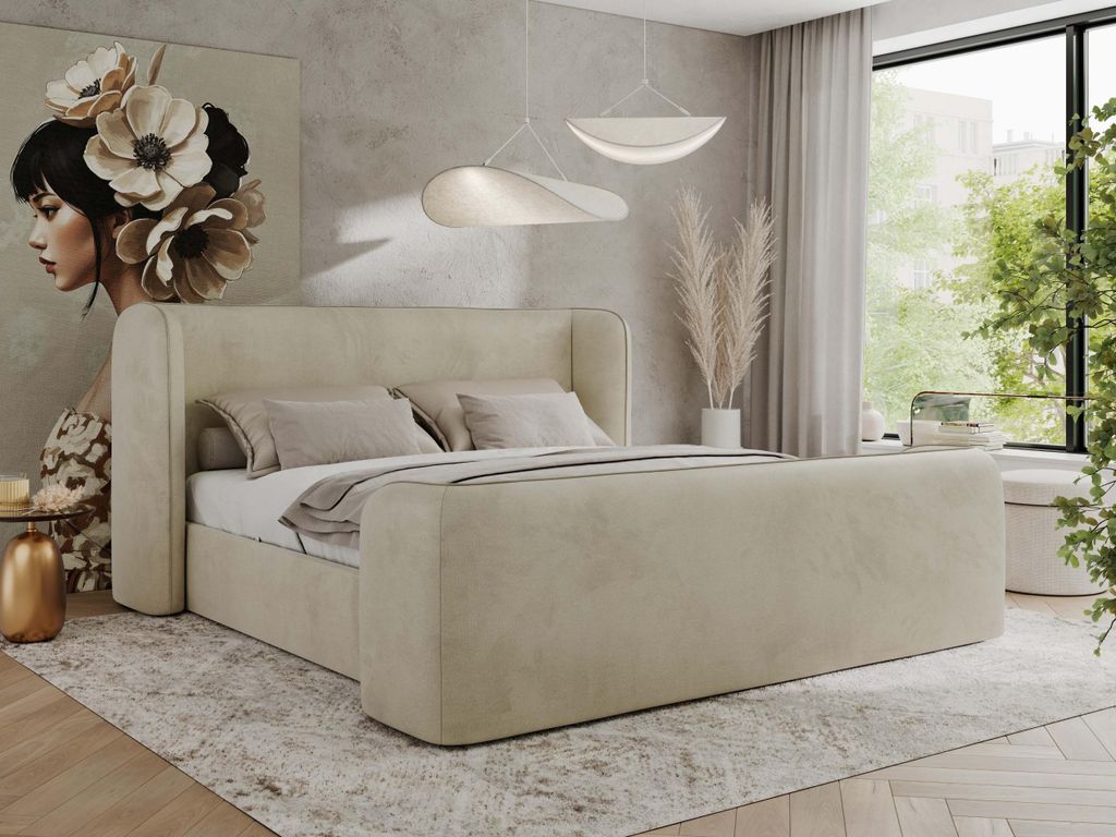 MKS MEBLE Doppelbett Polsterbett mit Lattenrost 200x200 EMORA CLASSIC DUO Bett mit Kopfteil Pocket Matratze VIRE LUX Beige Velvet