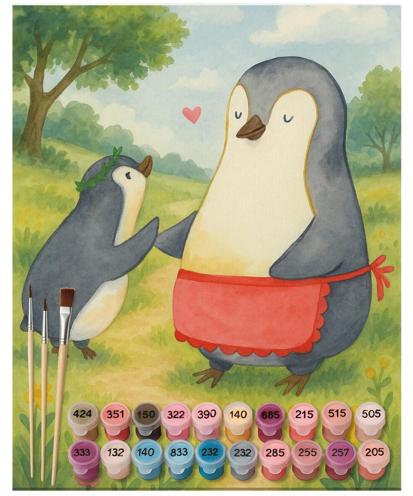 Mr. & Mrs. Panda Malen nach Zahlen Pinguin mit Kind Design 40 x 50 cm Ohne Rahmen - Weiß - Geschenk, Muttertag, Familie, Pinguine, DIY, Vorbild Ma...