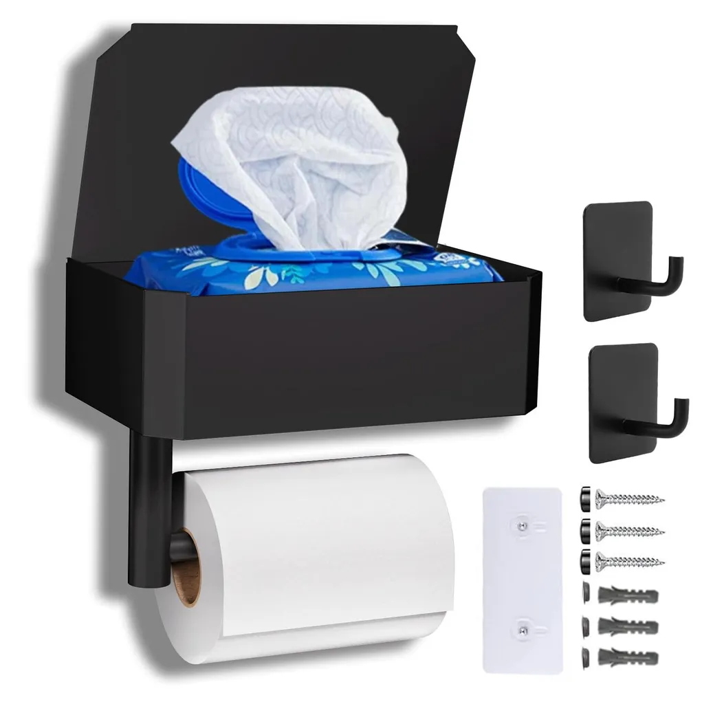 Support papier toilette noir avec tablette smartphone et boîte à lingettes