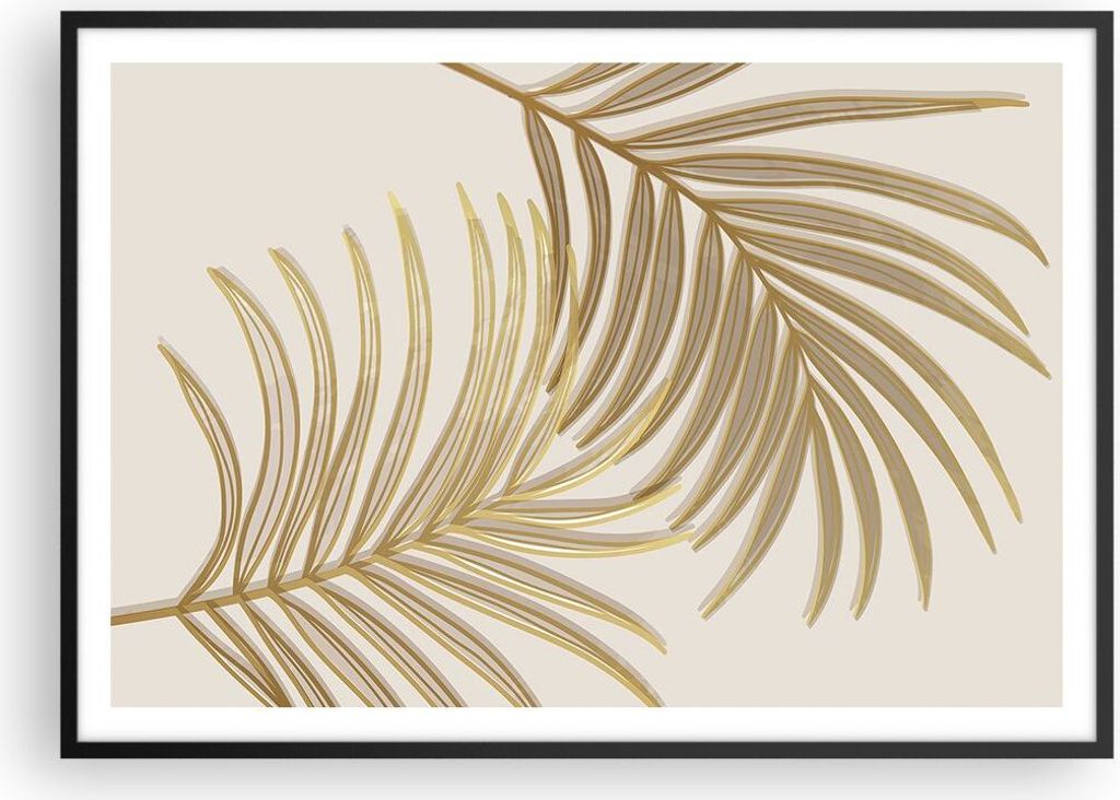 Gerahmtes Poster - Schwarzer Rahmen - Golden Blätter Palmen - 100x70 cm - Wand Bild - Wanddeko - Wandbilder - Kunstposter - Wandposter - Bilderrah...