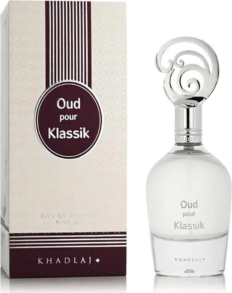 A perfume bottle and its packaging are displayed side-by-side against a white background.
