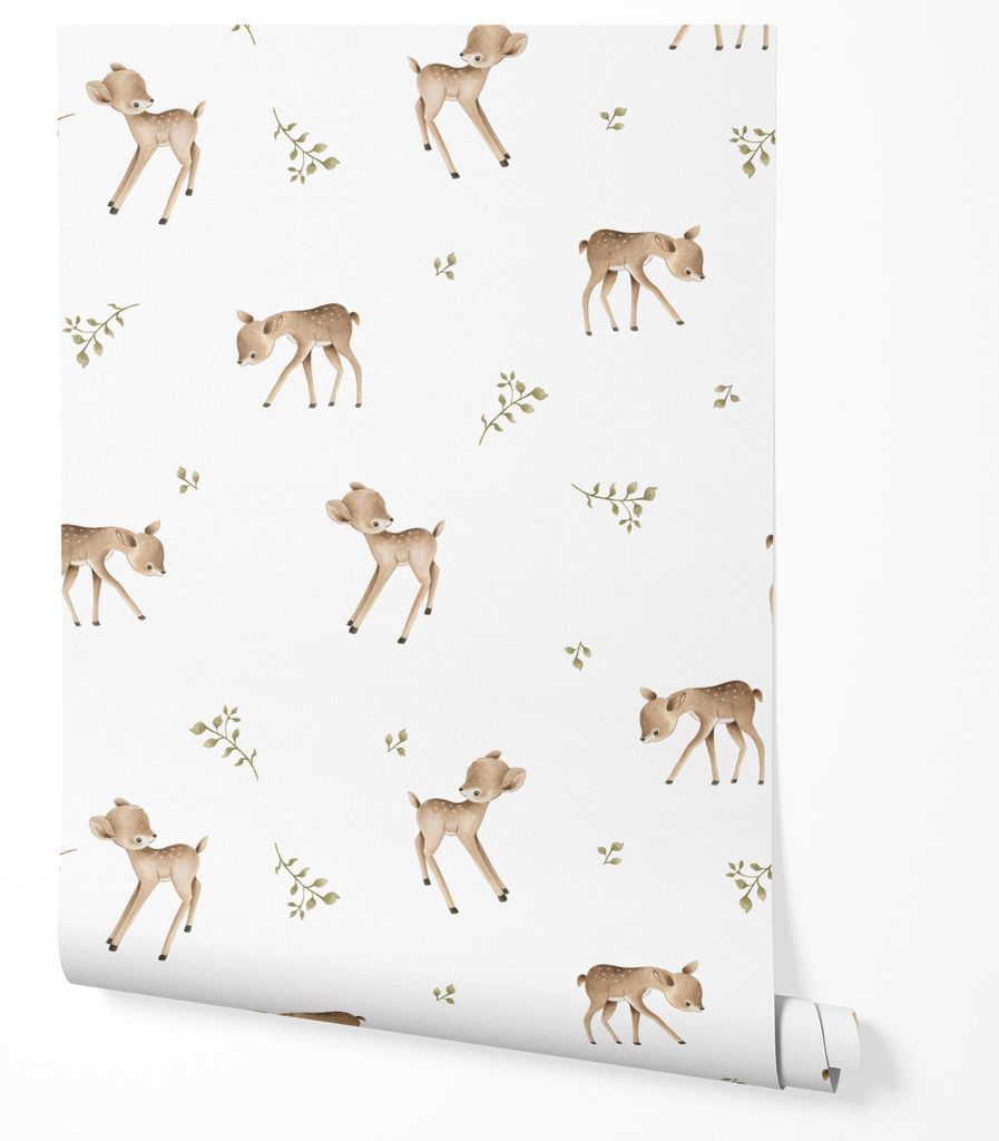 Vliestapete Reh Kitz Muster Wald Minimalistisch Niedlich Blätter Neutral Kinderzimmer Schlafzimmer Flur Skandinavischer Stil UV-beständige Tapete...