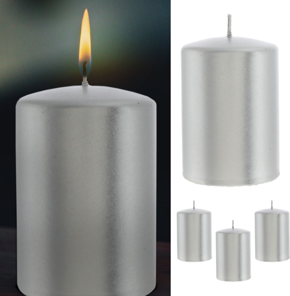 Stumpenkerze 4er Set silber rund Ø6,8x10cm Paraffin Dekokerze metallisch Blockkerze Wachskerze Brenndauer 40h