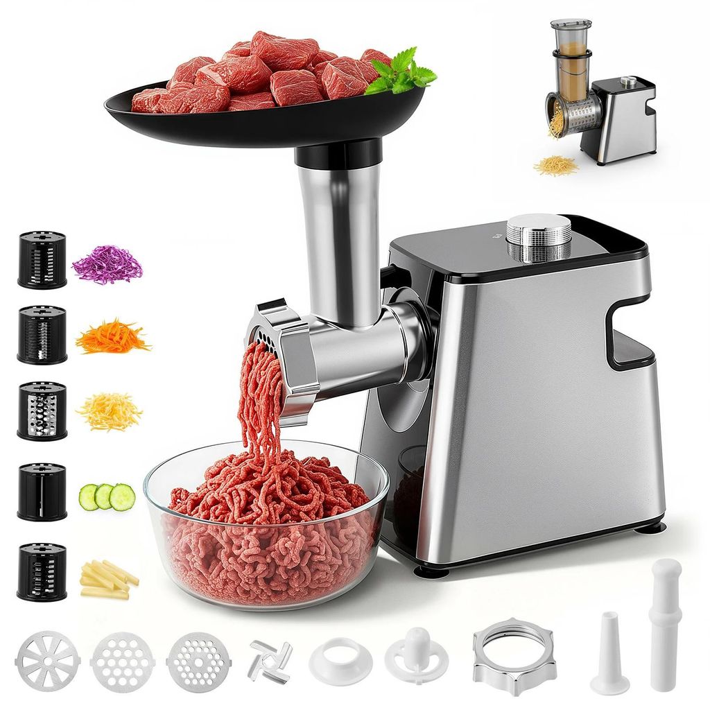 Elektrischer Fleischwolf - Gemüseschneider und Käsereibe - Multizerkleinerer für Fleisch, Gemüse und Käse - Automatische Mandoline - EU Stecker