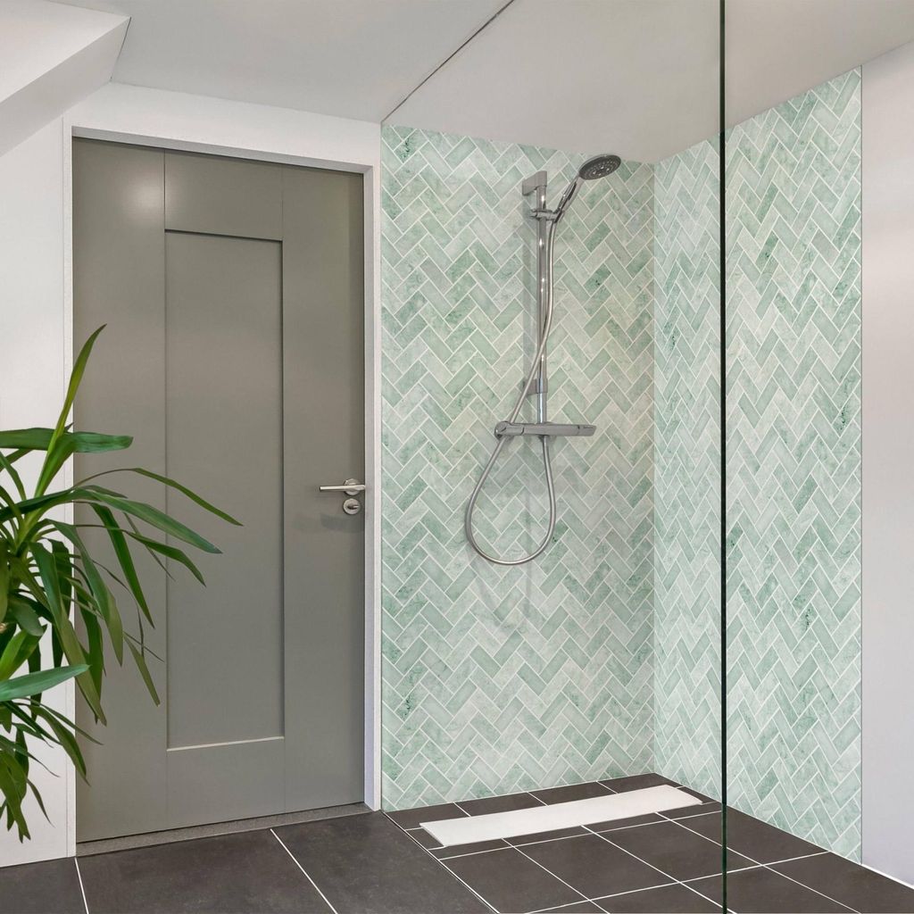 Duschrückwand mit Motiv selbstklebend - 0.35 mm Wandpaneel wasserfest Design grün Fliesenoptik Abstrakt Badrückwand fugenlos Smart matt 110x210 cm