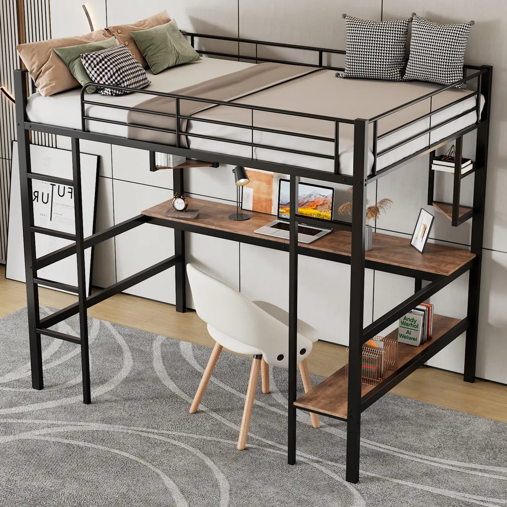Lit Mezzanine 90x200 cm Gain de Place avec Bureau pour Petite Chambre