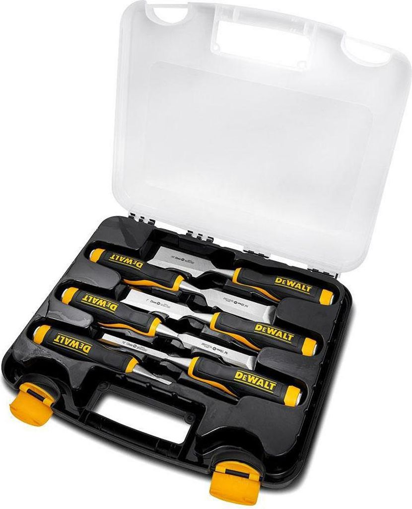 A set of chisels in a black and clear plastic case.