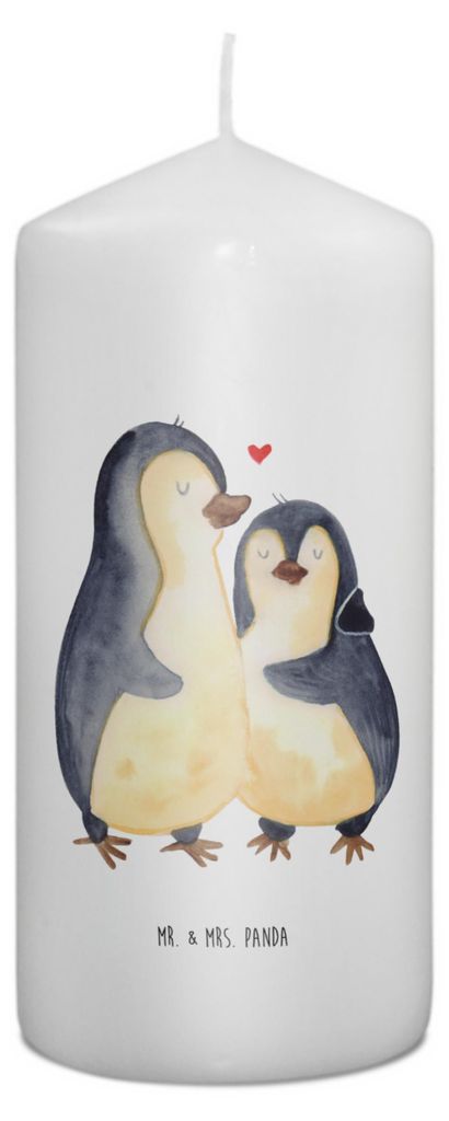 Mr. & Mrs. Panda Kerze Pinguin umarmen 15 x 7 cm - Weiß - Geschenk, Liebe, Jahrestag, Wachskerze, Stumpenkerze, Verknallt, Erinnerungslicht, Umarm...