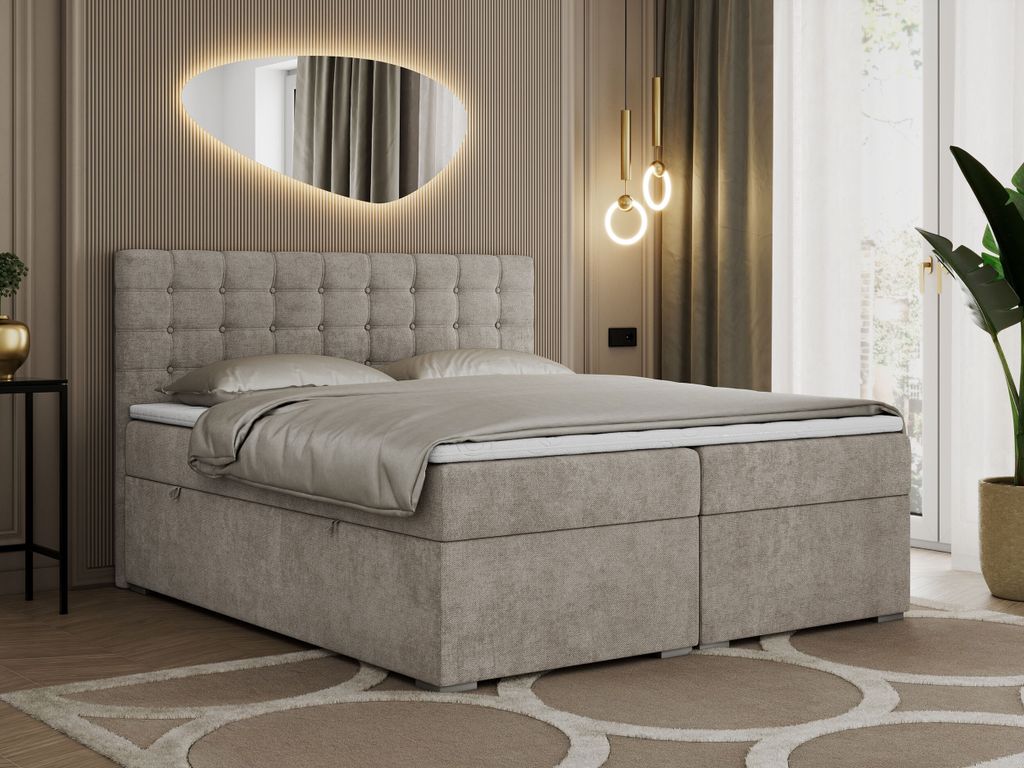 Boxspringbett 140x200 mit Bettkasten, Bett 140x200 mit Matratze und Topper - SUSAN - 140x200 - Beige - Struktur - H3