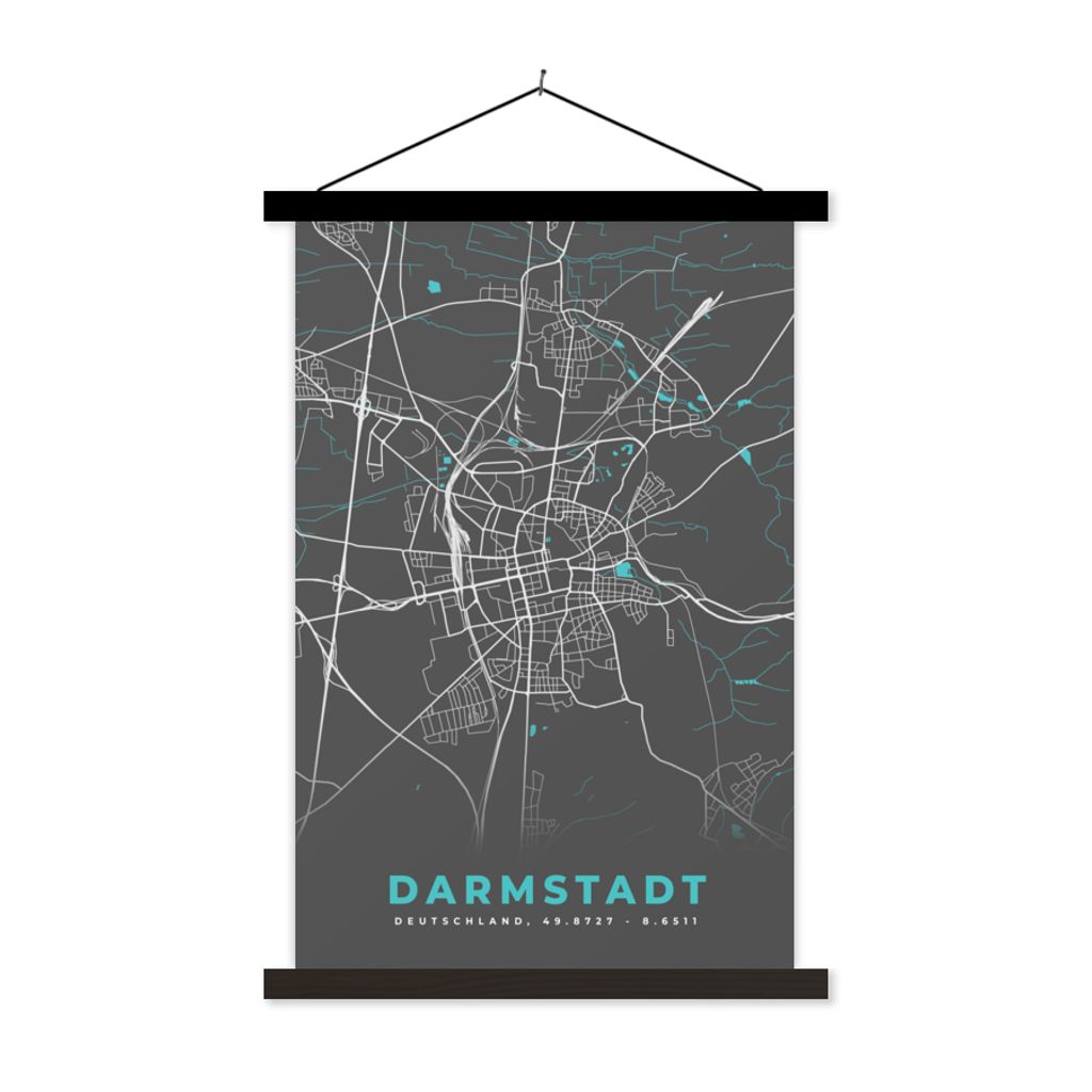 MuchoWow Textilposter Darmstadt - Stadtplan - Blau - Karte - Deutschland 40x60 cm mit schwarzem Rahmen - Wanddekorationen