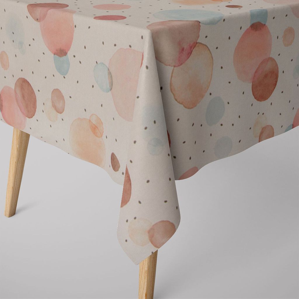 SCHÖNER LEBEN. Tischdecke weiß mit Kreisen Aquarell-Tupfen pastell Größe 130x200cm
