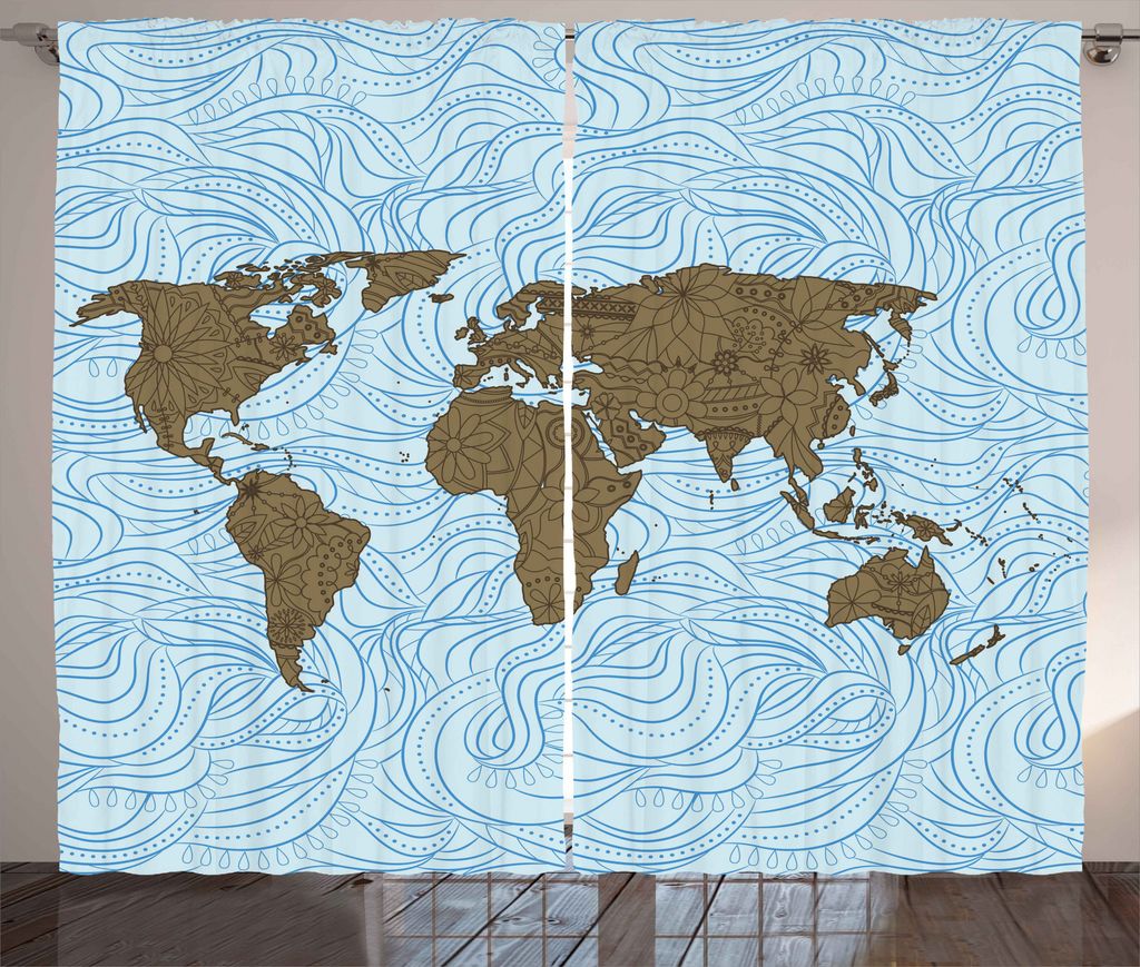 ABAKUHAUS Ozean Rustikaler Gardine, Karte mit Wellen, Schlafzimmer Kräuselband Vorhang mit Schlaufen und Haken, 280 x 225 cm, Hellblau Kakao