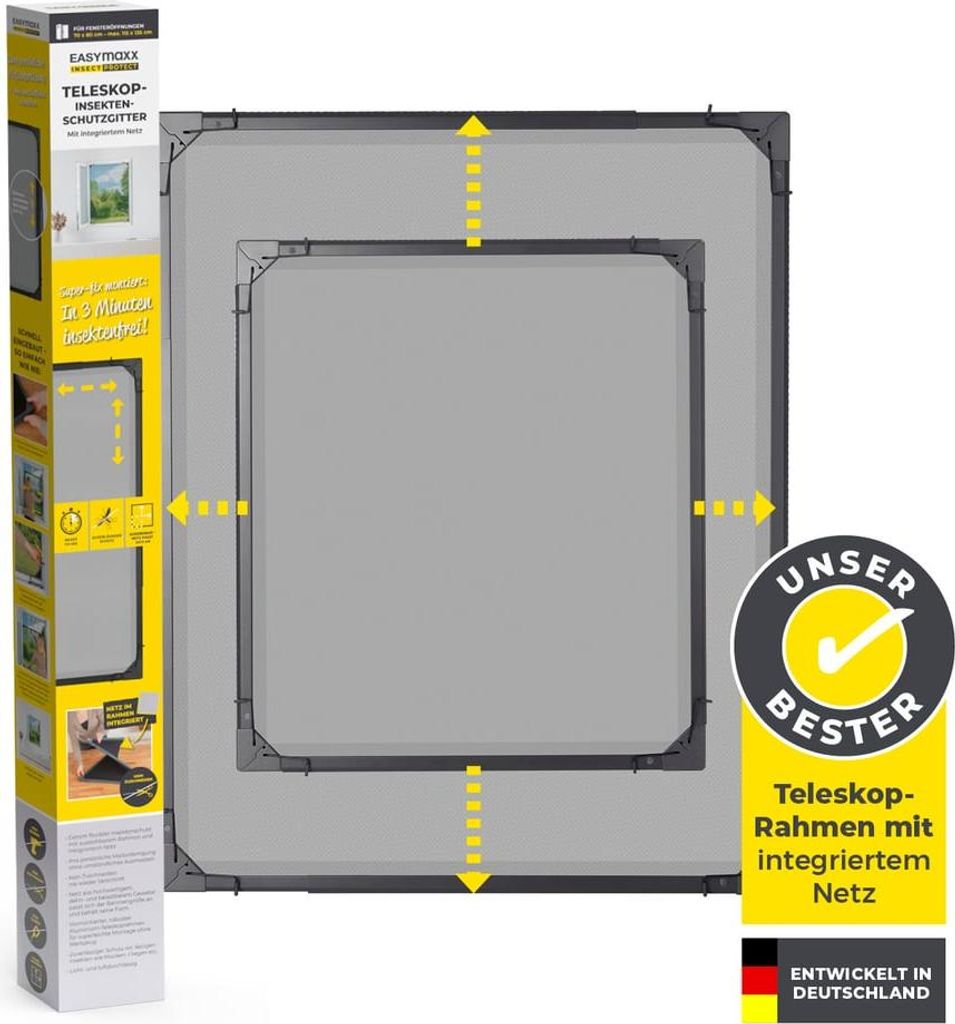 The image shows the packaging of a telescopic insect screen, with the product itself also visible.