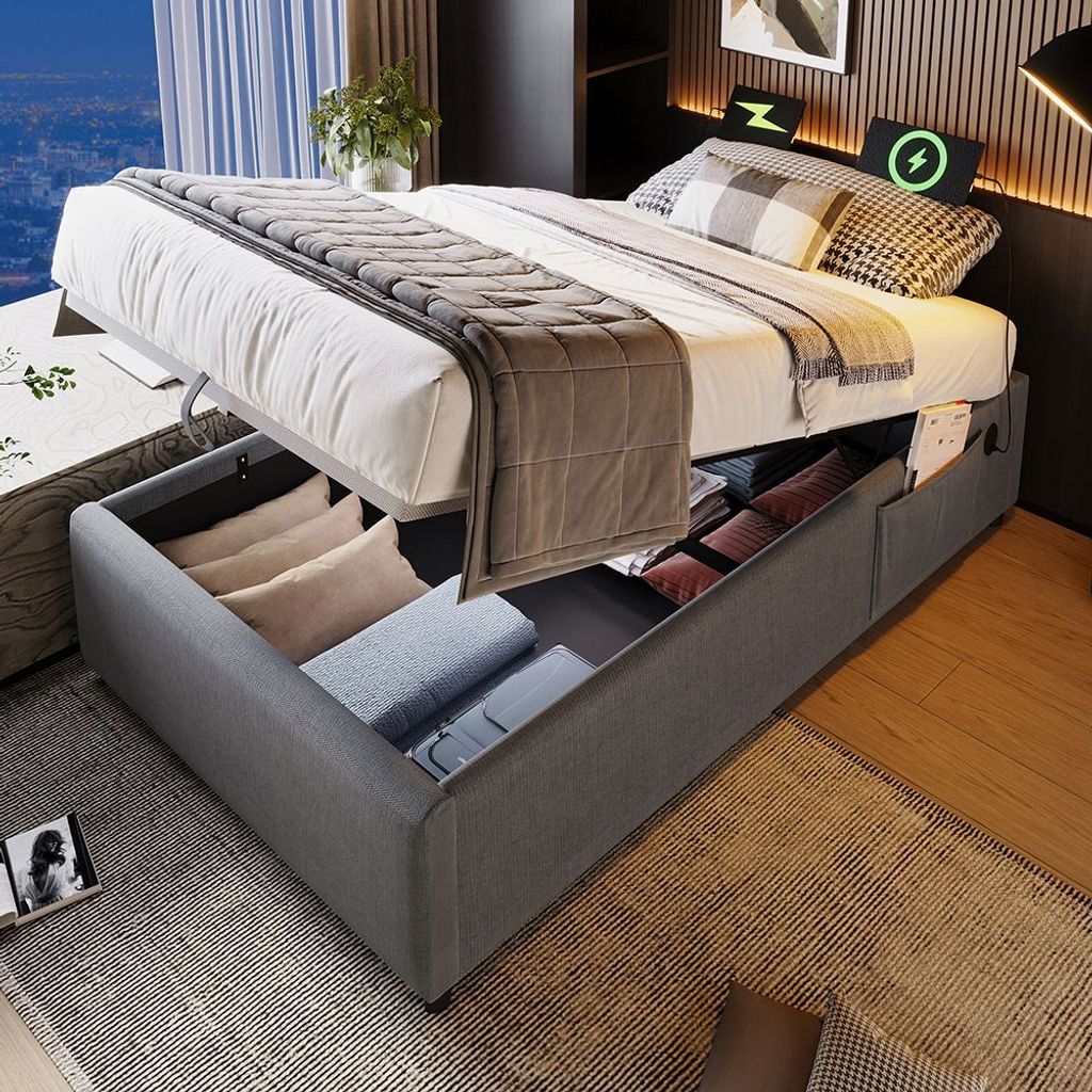 Sweiko Polsterbett Einzelbett 90×200 cm, Struraumbett Bettgestell mit USB- C und Vollflächiger Lattenrost, Ohne Kopfteil, Baumwolle, Grau,Ohne Ma...