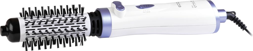A white and purple hot air brush with a black cord is shown against a white background.