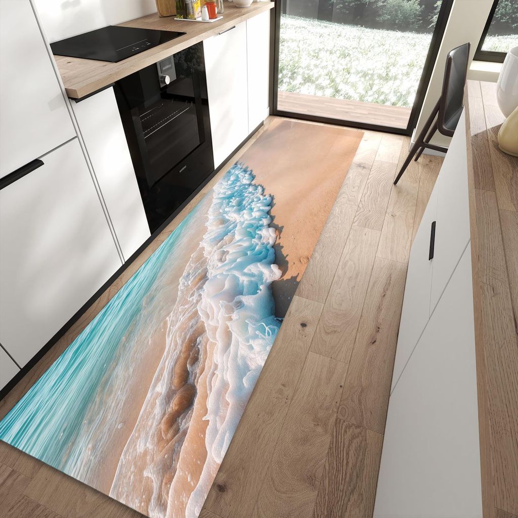 Küchenteppich 80x300cm rutschfest & abwischbar PVC Läufer - Strand Surf Wellen