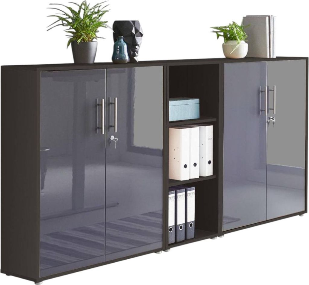 Aktenschrank TABOR 8 in anthrazit / anthrazit Hochglanz, Schrankwand, Büroschrank, abschließbar, Metallgriffe