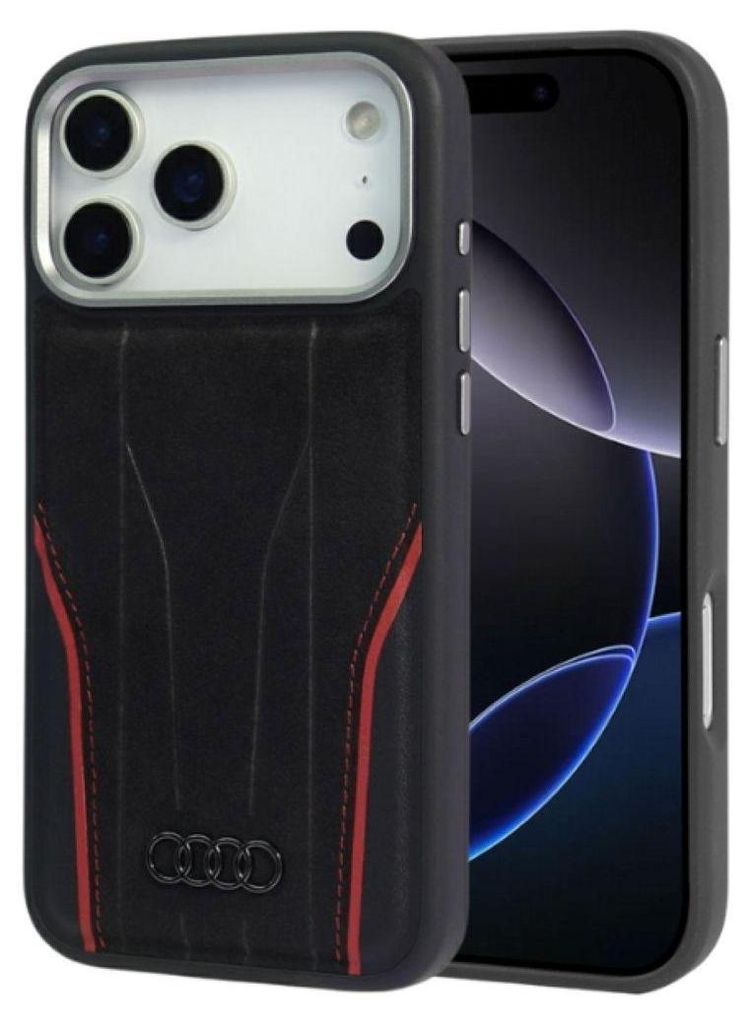 A black Audi R8 phone case with red accents and the Audi logo is shown next to an iPhone.