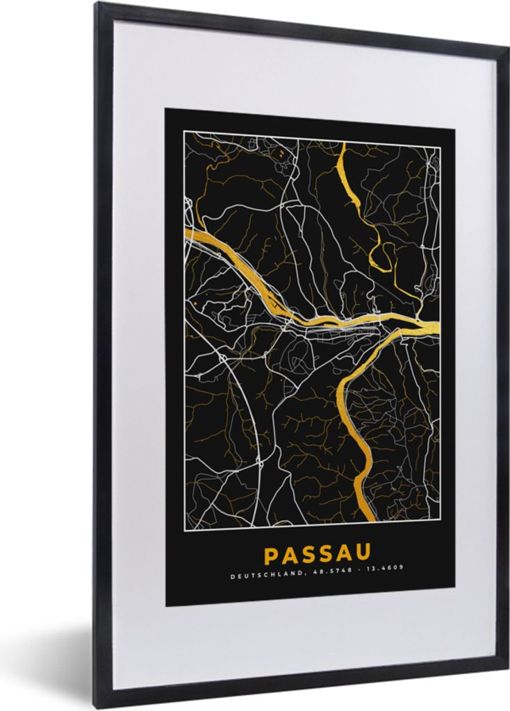 MuchoWow Gerahmtes Poster Stadtplan - Deutschland - Gold - Passau - Karte 40x60 cm - Poster mit Schwarzem Bilderrahmen Wandposter Rahmen Foto Bil...
